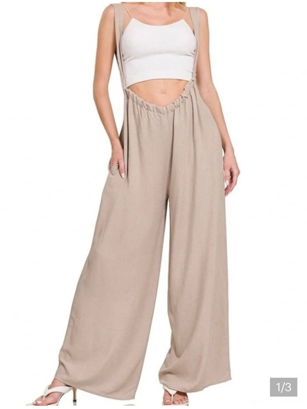 Zenana Outfitters Tie-Strap Wide Leg Fully Adjustable Overalls Jumpsuit in Camel